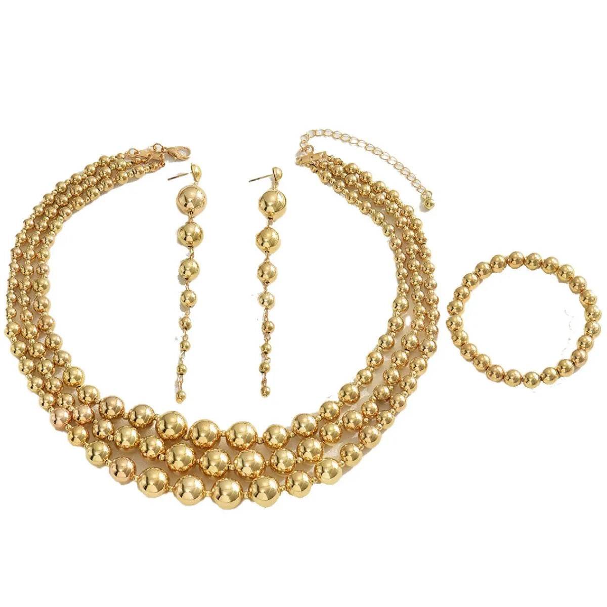 18K Stainless Steel Beaded Multi-Layered Necklace Bracelet Earrings Jewelry Set - Tredona LLC