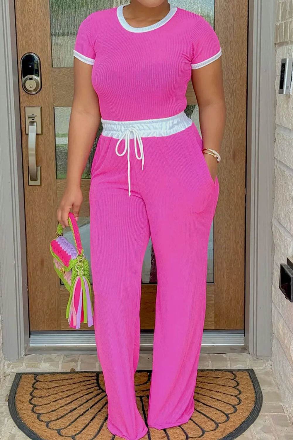 Contrast Trim Round Neck Top and Pants Set - Tredona LLC