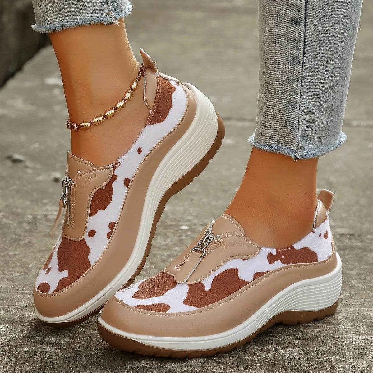 Round Toe Platform Wedge Sneakers with Zip - Tredona LLC