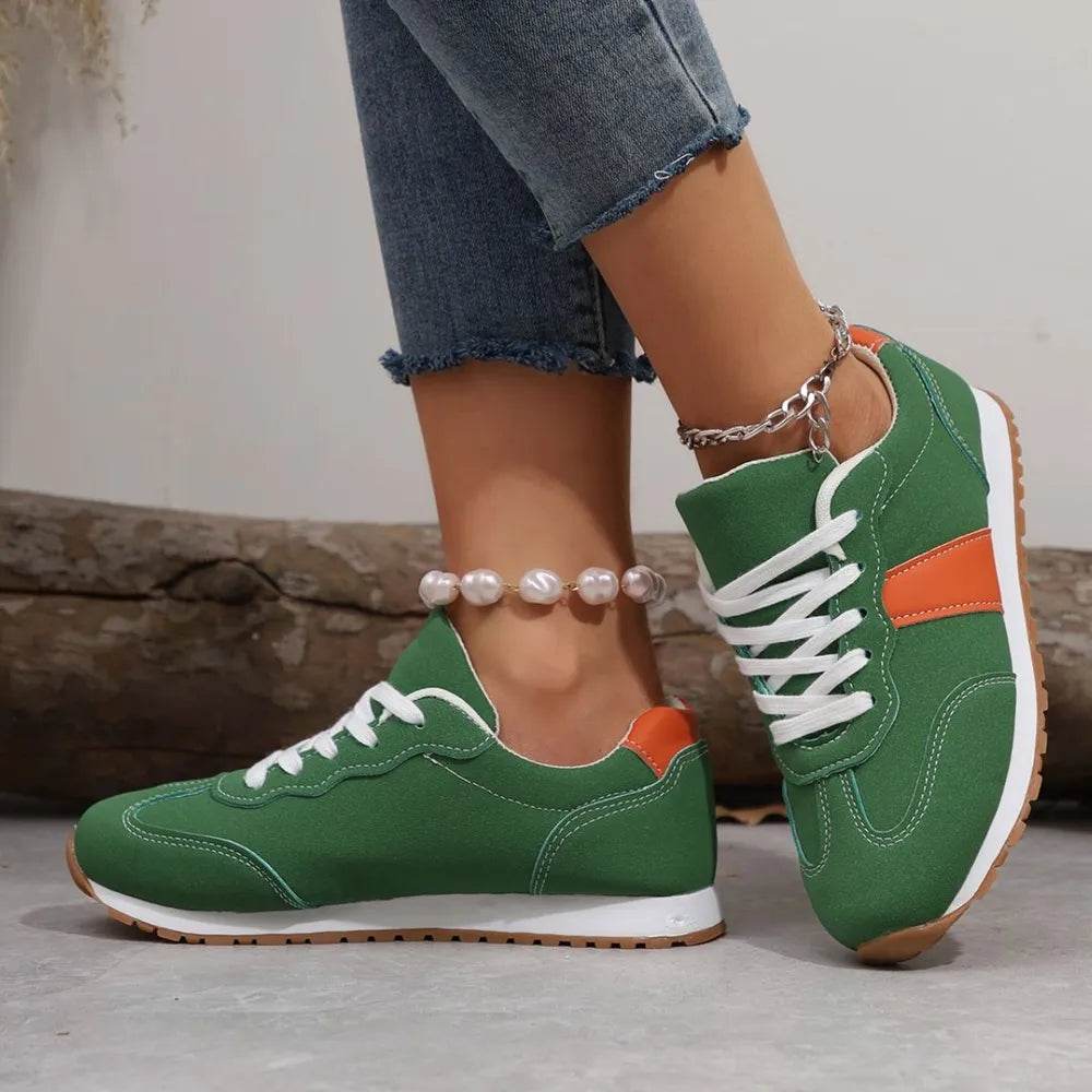 PU Leather Contrast Round Toe Flats Sneakers - Tredona LLC