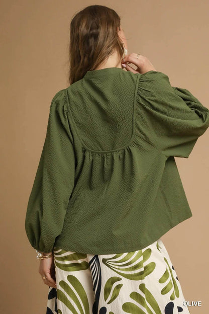 Umgee Textured Notched Blouse with Balloon Sleeves - Tredona LLC