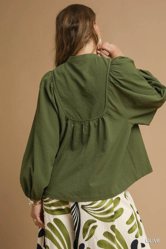 Umgee Textured Notched Blouse with Balloon Sleeves - Tredona LLC