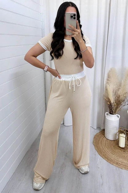 Contrast Trim Round Neck Top and Pants Set - Tredona LLC