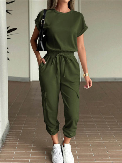 Round Neck Short Sleeve Top and Pants Set - Tredona LLC