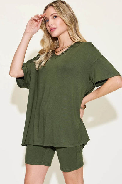 Basic Bae Full Size V-Neck Drop Shoulder T-Shirt and Shorts Set - Tredona LLC