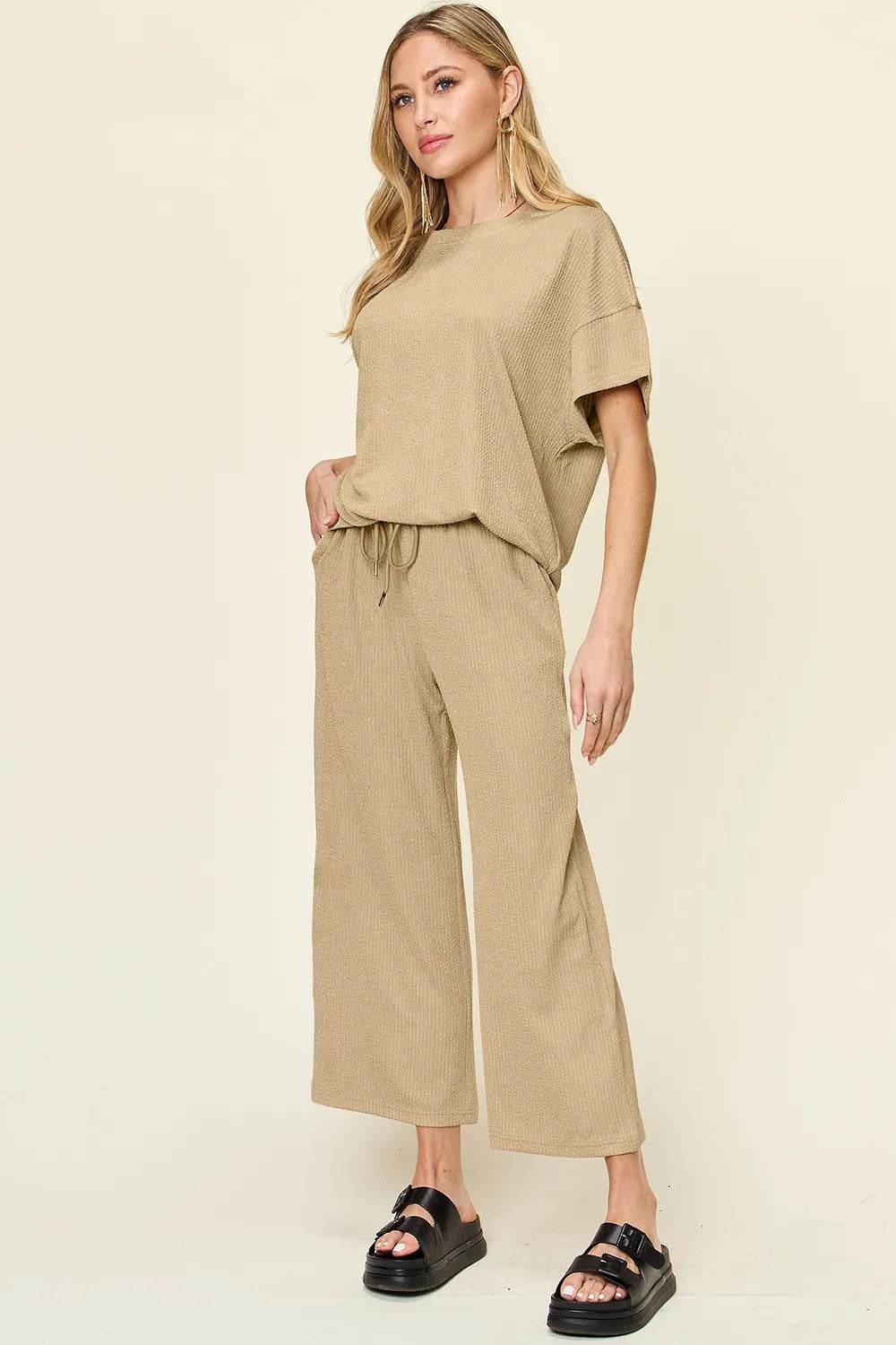 Double Take Full Size Texture Round Neck Short Sleeve T-Shirt and Wide Leg Pants - Tredona LLC