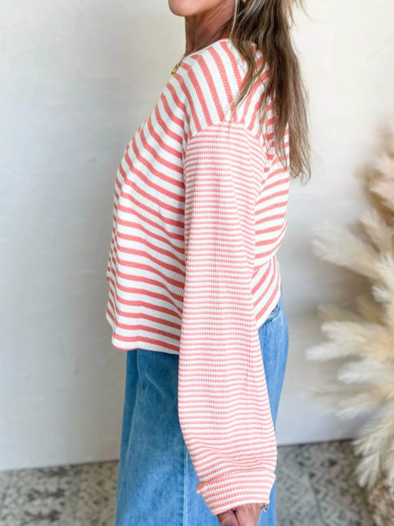 Striped Long Sleeve Ribbed Blouse - Tredona LLC