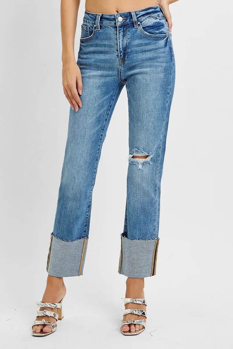 RISEN Full Size High Rise Ankle Straight Wide Cuffed Jeans Plus Size - Tredona LLC