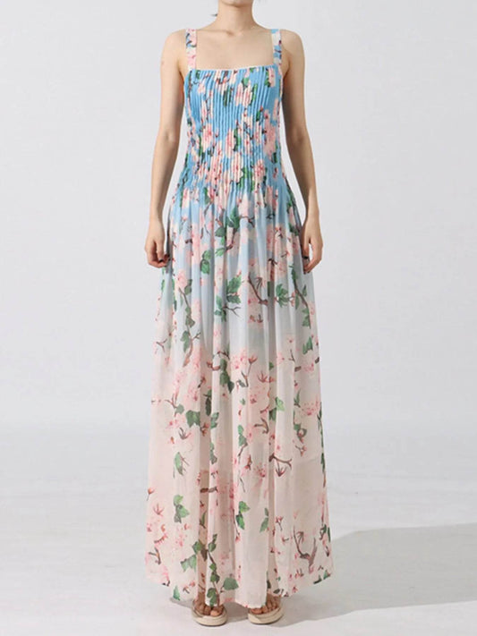 Floral Print Pleated Maxi Dress - Tredona LLC