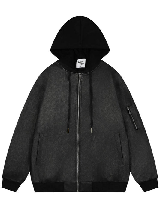 Men's Drawstring Washed Zip Up Hooded Jacket - Tredona LLC