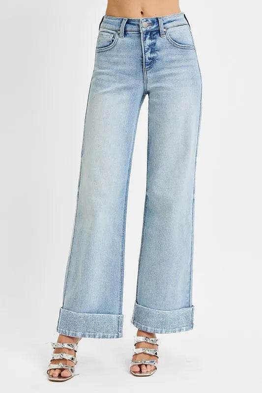 RISEN Full Size Tummy Control High Rise Ankle Wide Cuffed Jeans Plus Size - Tredona LLC