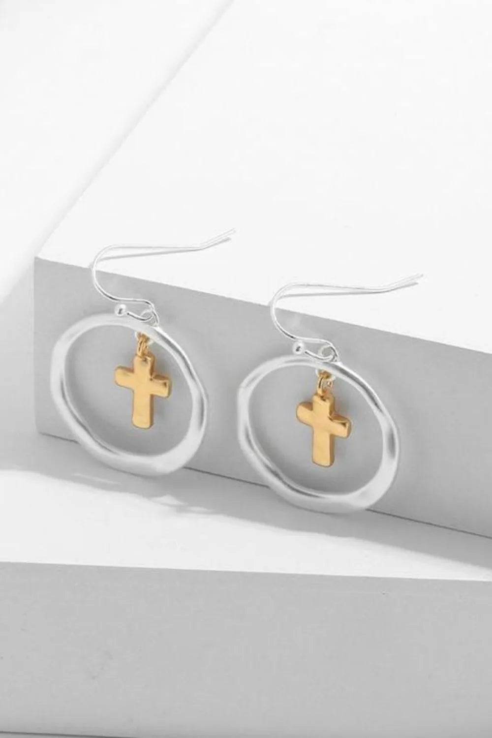 Brass Contrast Cross Dangle Earrings - Tredona LLC