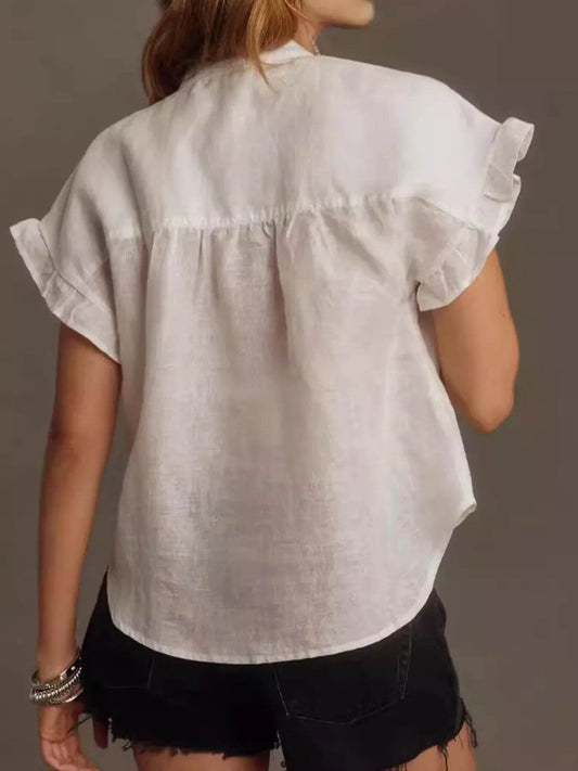 Ruffled Short Sleeve Button Up Shirt - Tredona LLC