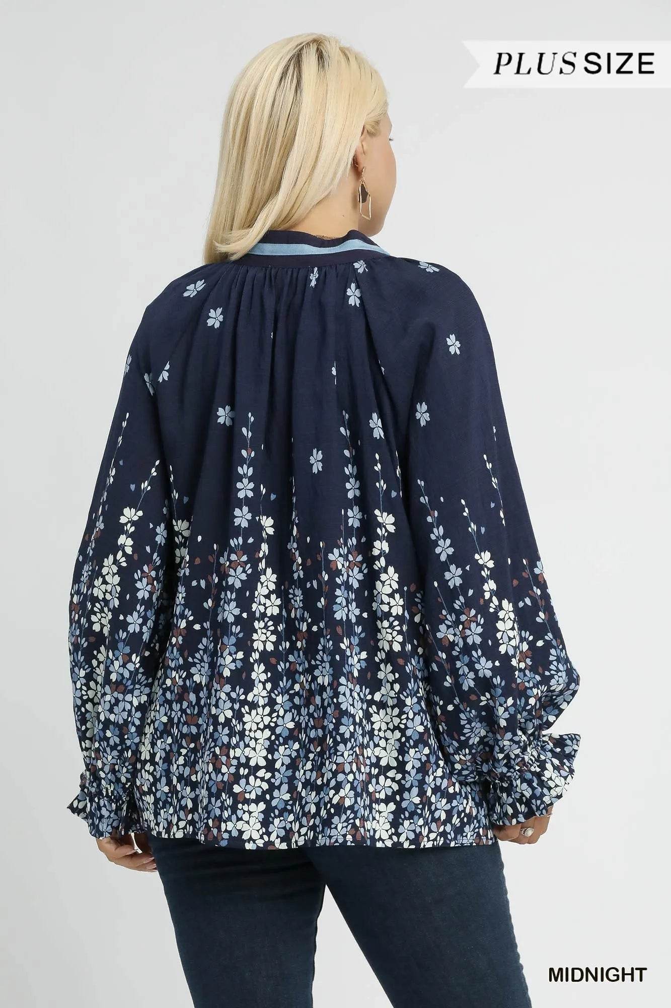 Umgee Full Size Floral Vine Print Blouse with Balloon Sleeves Plus Size - Tredona LLC