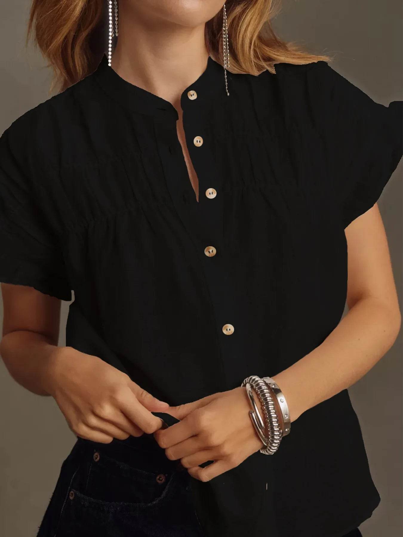 Ruffled Short Sleeve Button Up Shirt - Tredona LLC