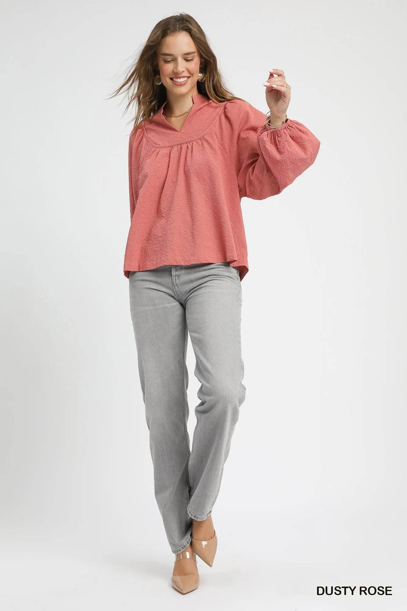 Umgee Textured Notched Blouse with Balloon Sleeves - Tredona LLC