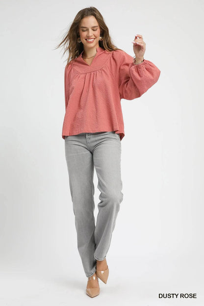 Umgee Textured Notched Blouse with Balloon Sleeves - Tredona LLC