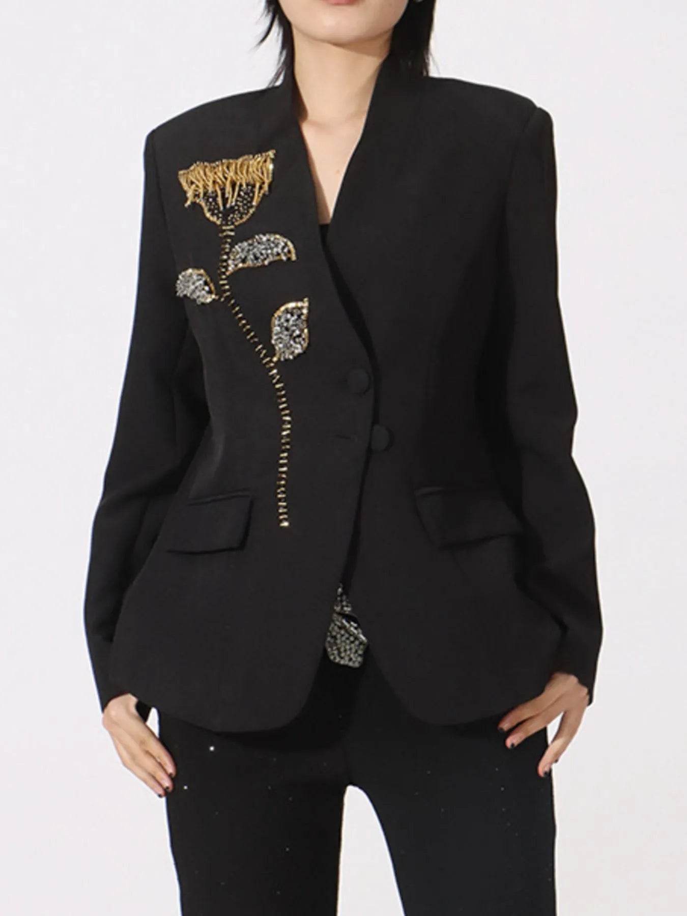 Flower Button Front Long Sleeve Blazer - Tredona LLC