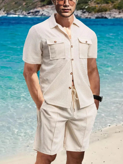 Men's Full Size Button Down Short Sleeve Top and Shorts Set Plus Size - Tredona LLC