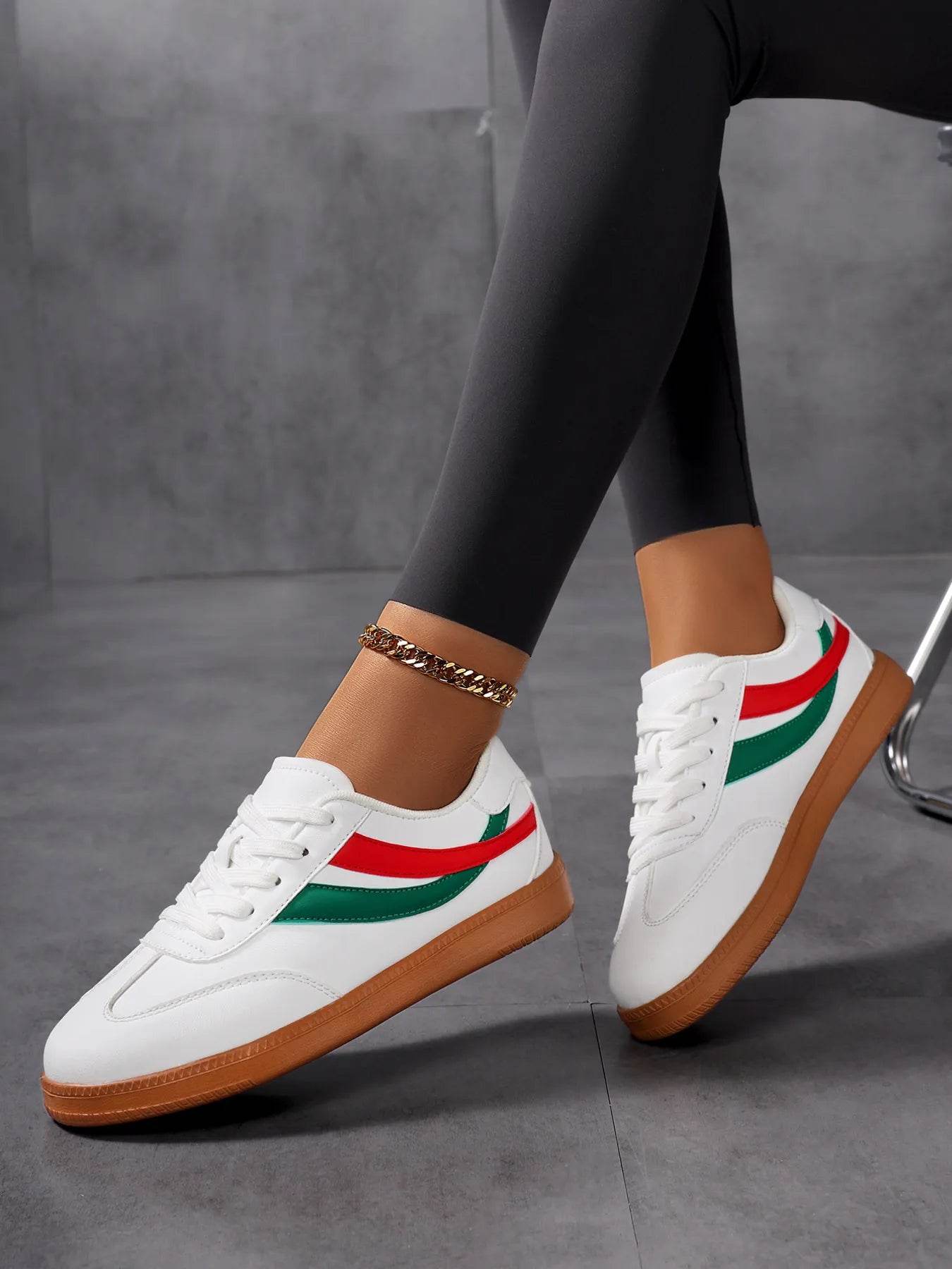 Lace Up Flat Sneakers with Stripe Accent - Tredona LLC