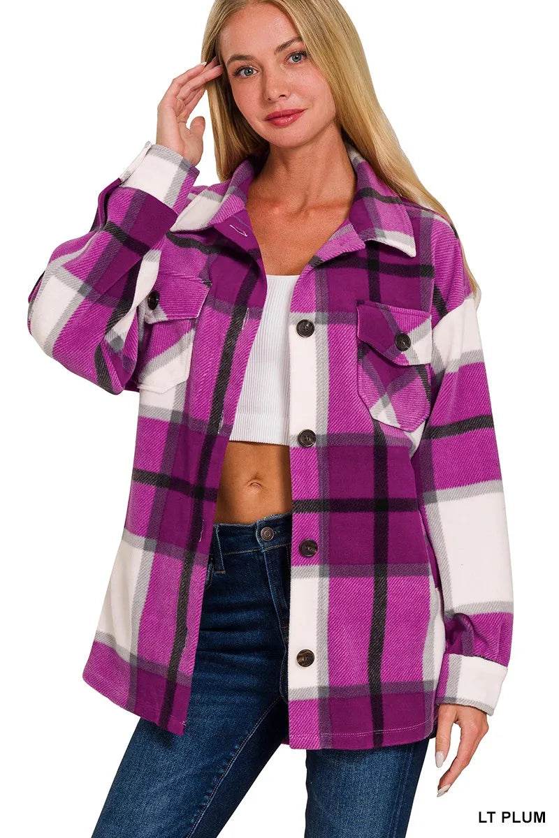 Zenana Oversized Plaid Fleece Shacket - Tredona LLC