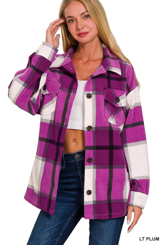 Zenana Oversized Plaid Fleece Shacket - Tredona LLC