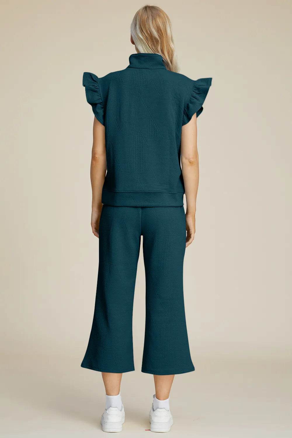 Double Take Full Size Texture Ruffle Short Sleeve Top and Wide Leg Pants Set - Tredona LLC