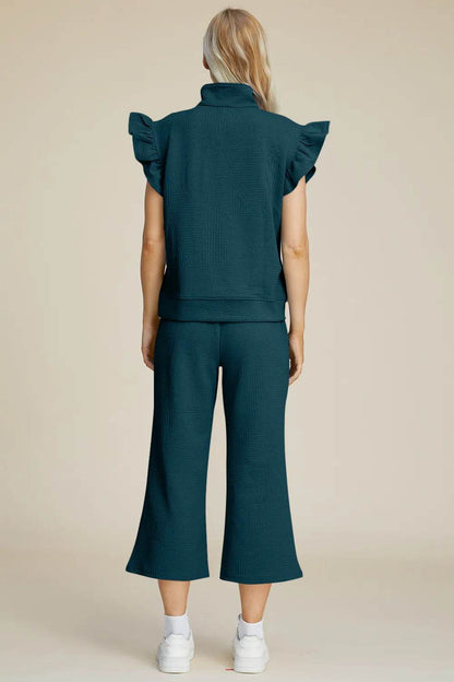 Double Take Full Size Texture Ruffle Short Sleeve Top and Wide Leg Pants Set - Tredona LLC