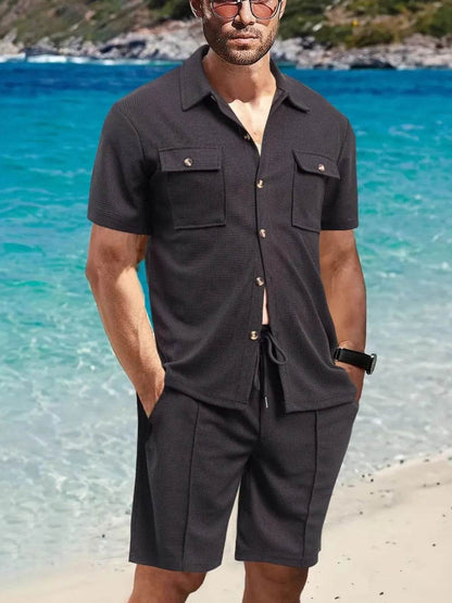 Men's Full Size Button Down Short Sleeve Top and Shorts Set Plus Size - Tredona LLC