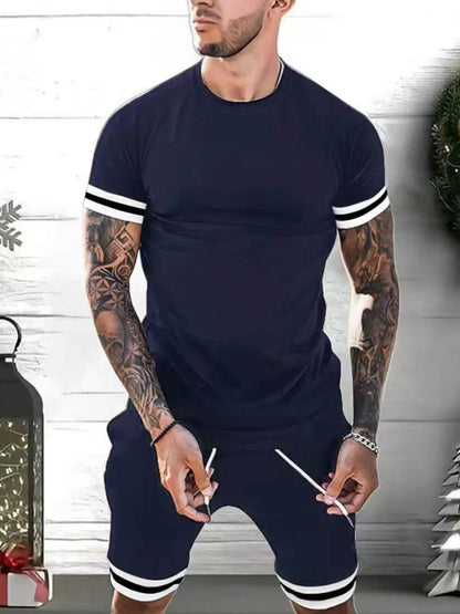 Men's Plus Size Round Neck Short Sleeve Top and Shorts Set - Tredona LLC