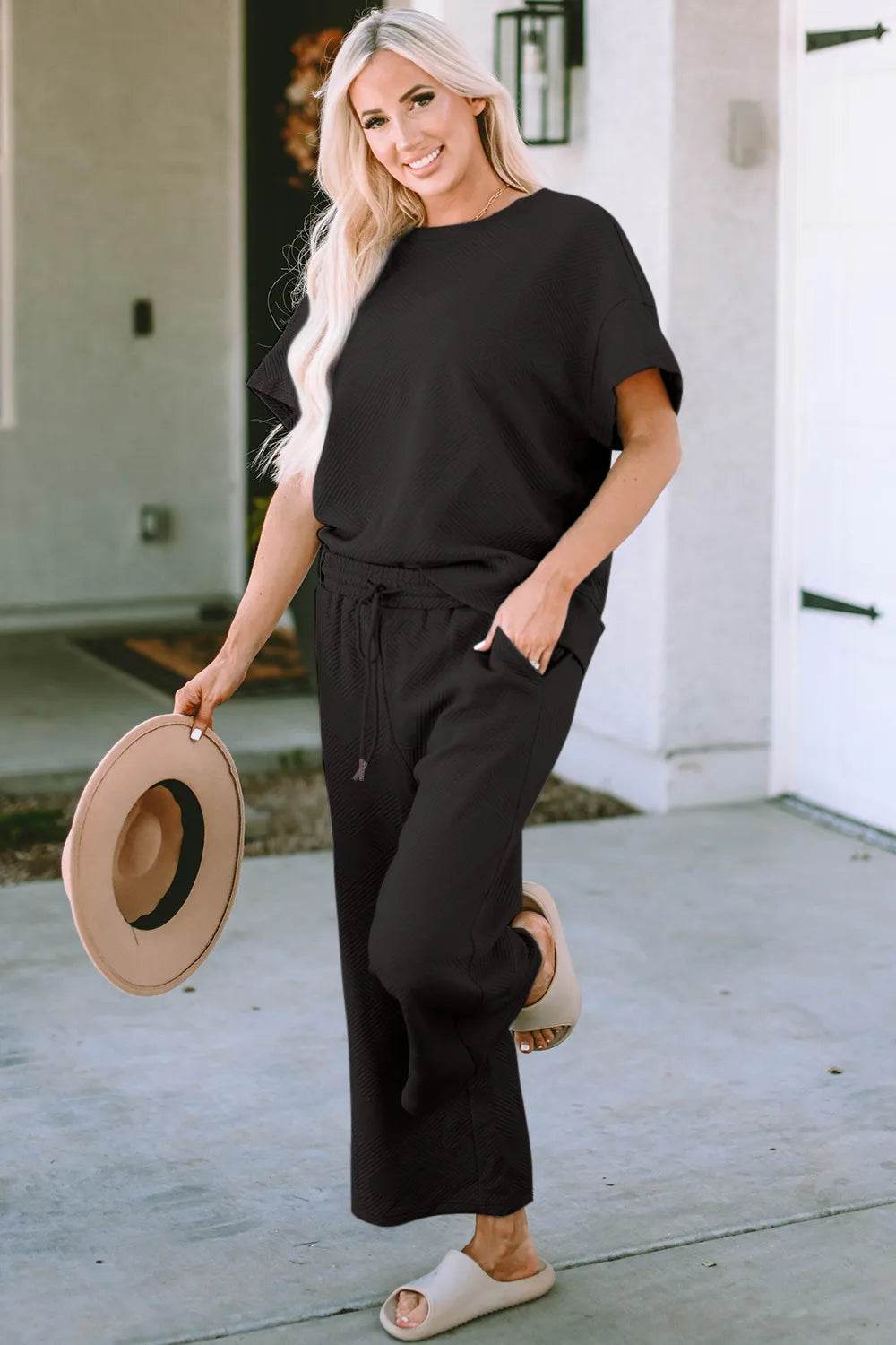Double Take Full Size Texture Short Sleeve Top and Pants Set - Tredona LLC