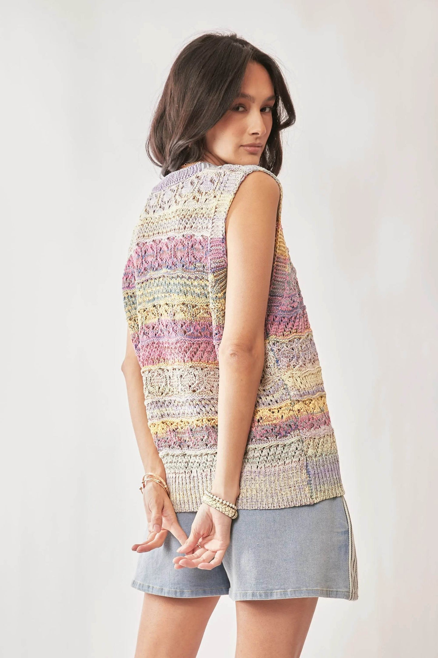 Davi & Dani Multi Color Crochet Sleeveless Knit Vest Top - Tredona LLC