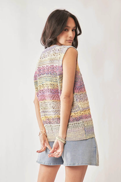 Davi & Dani Multi Color Crochet Sleeveless Knit Vest Top - Tredona LLC