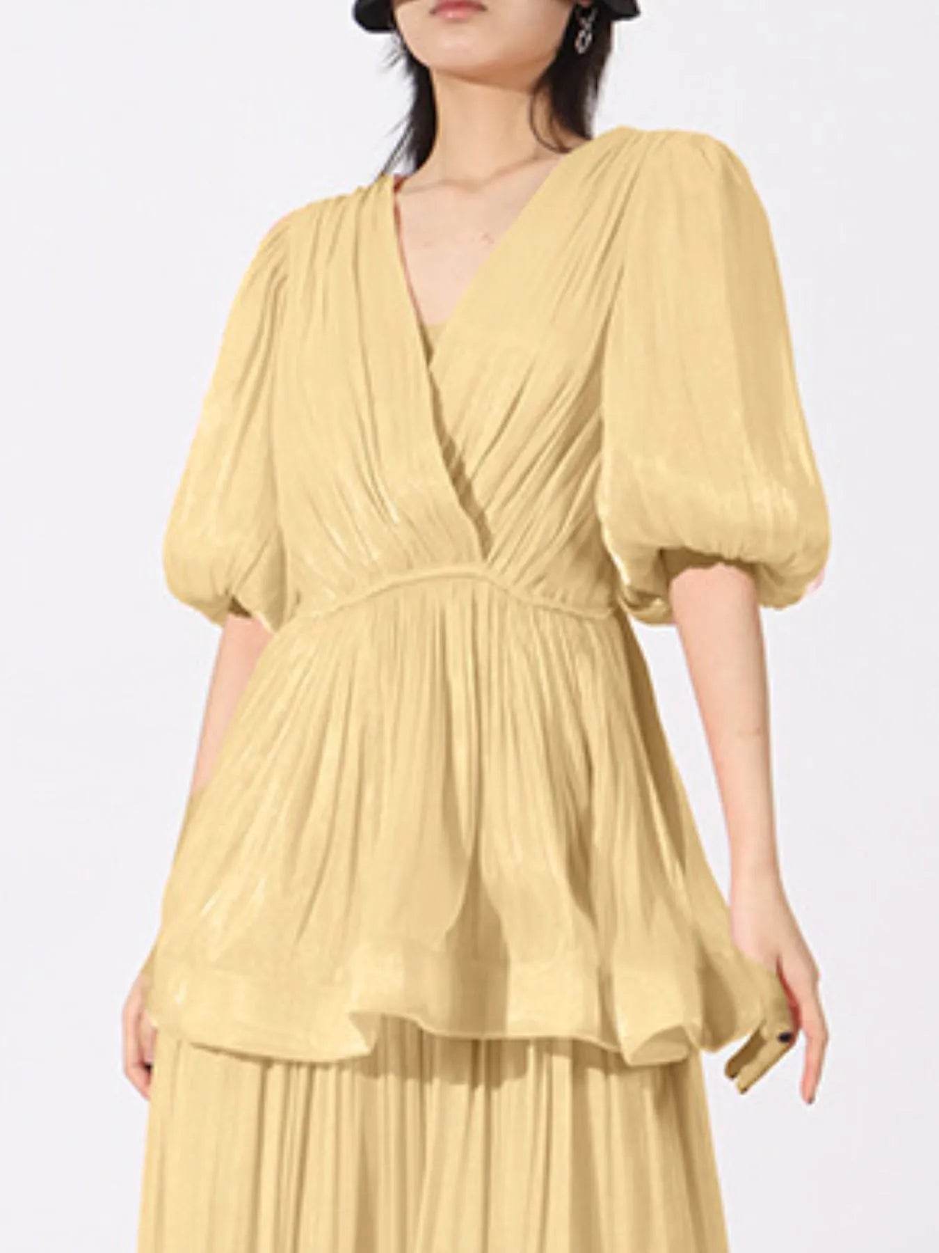 Layered Surplice Puff Sleeve Maxi Dress - Tredona LLC