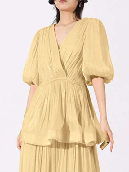 Layered Surplice Puff Sleeve Maxi Dress - Tredona LLC