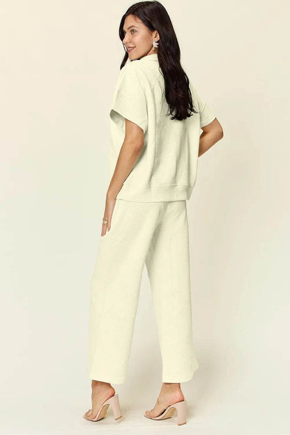 Double Take Full Size Texture Half Zip Short Sleeve Top and Pants Set - Tredona LLC
