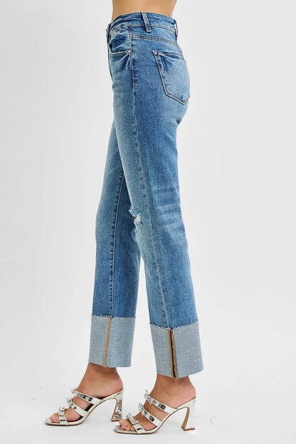 RISEN Full Size High Rise Ankle Straight Wide Cuffed Jeans Plus Size - Tredona LLC