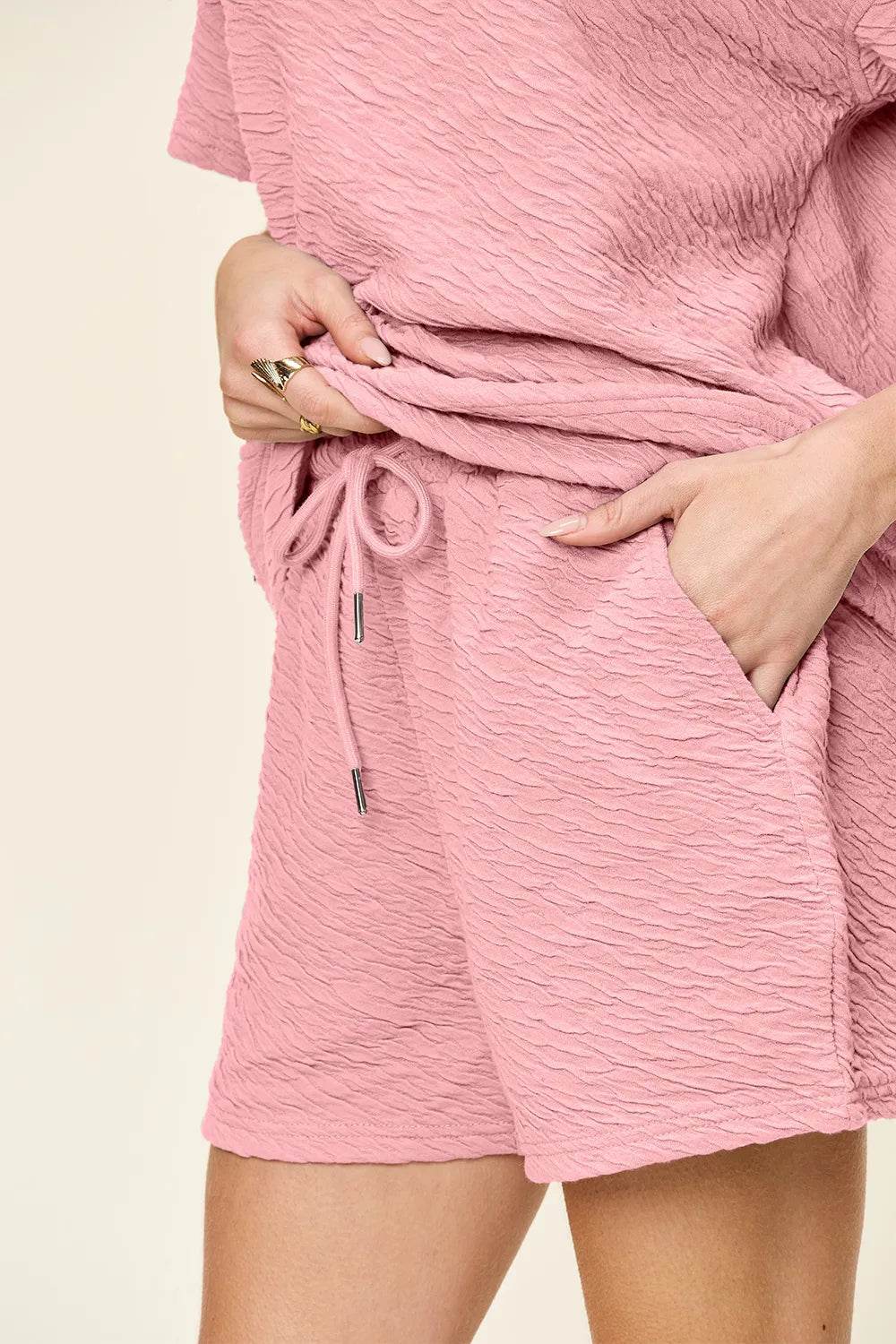 Double Take Full Size Texture Short Sleeve T-Shirt and Drawstring Shorts Set - Tredona LLC