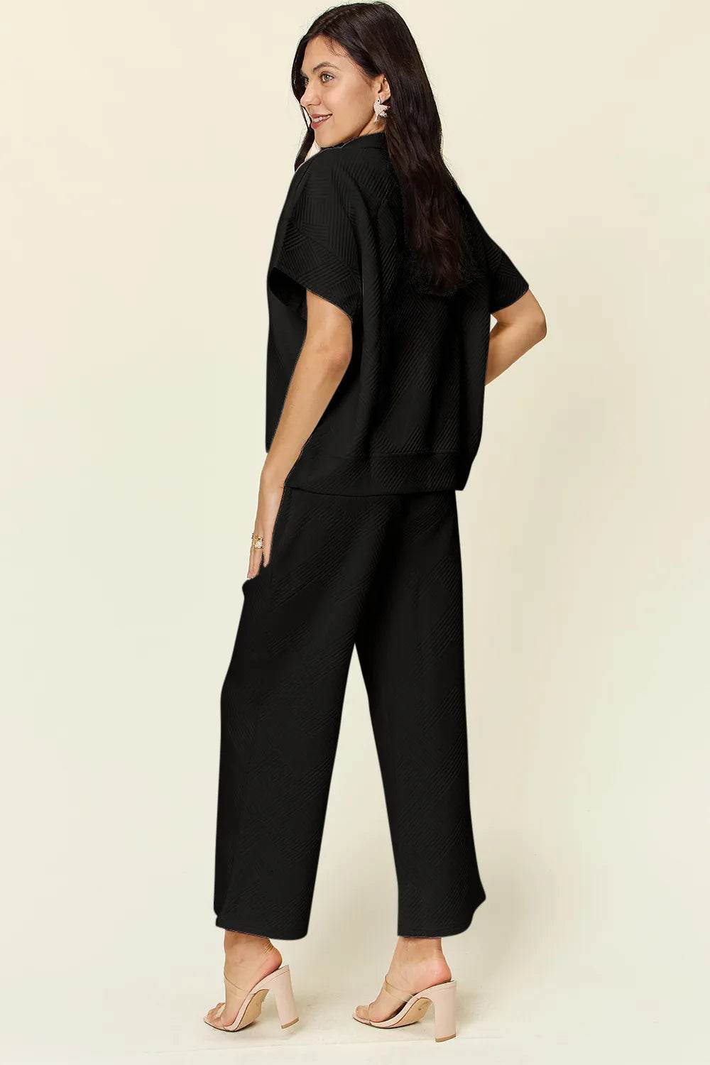 Double Take Full Size Texture Half Zip Short Sleeve Top and Pants Set - Tredona LLC