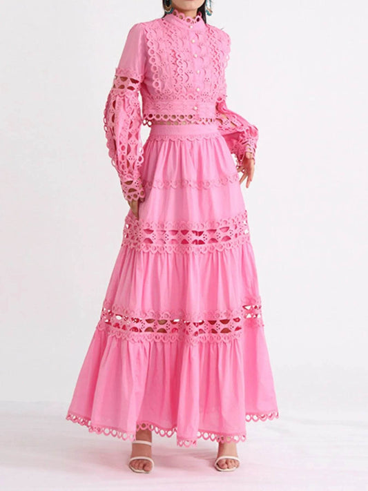 Lace Button Up Long Sleeve Top and Skirt Set - Tredona LLC