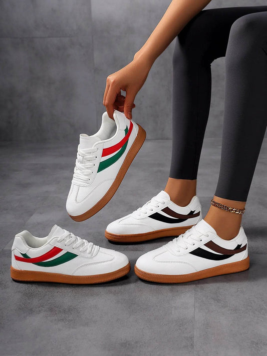 Lace Up Flat Sneakers with Stripe Accent - Tredona LLC
