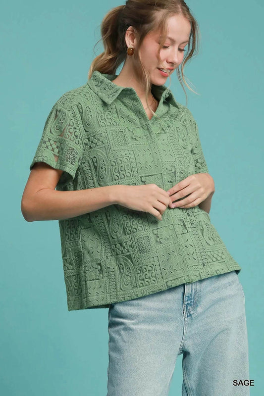 Umgee Patch Lace Short Sleeve Button Down Shirt - Tredona LLC