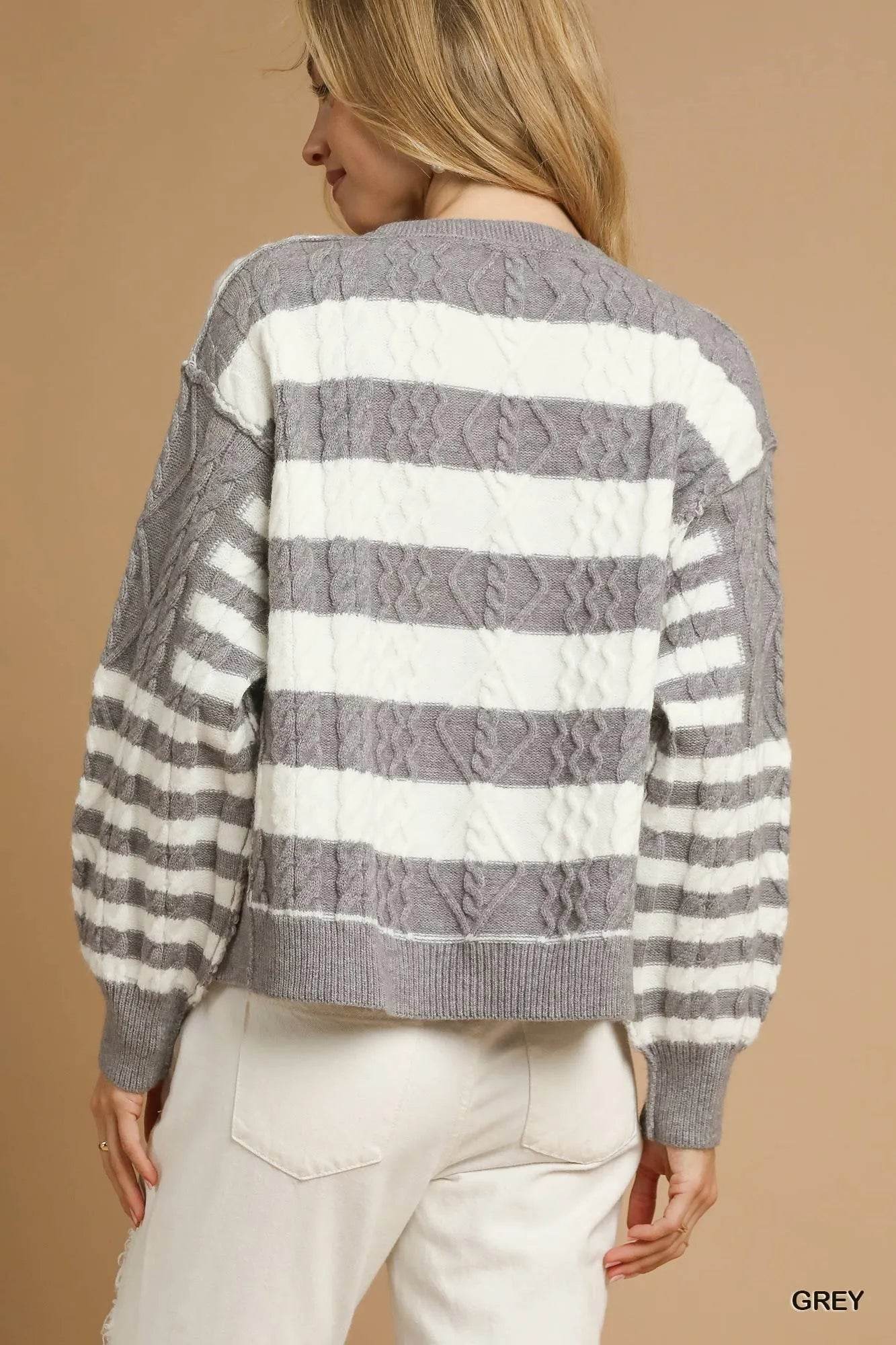 Umgee Cable-Knit Stripe Button-Up Cardigan - Tredona LLC
