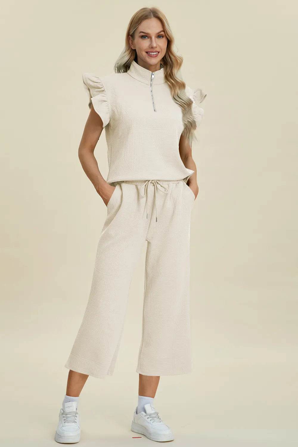 Double Take Full Size Texture Ruffle Short Sleeve Top and Wide Leg Pants Set - Tredona LLC