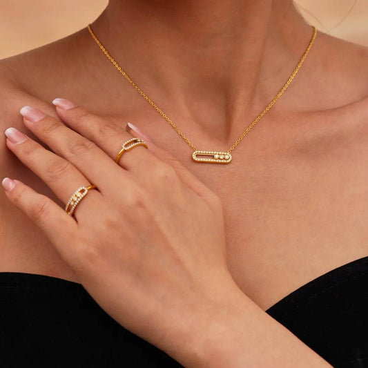 Moving Crystal Bar Necklace and Ring Jewelry Set - Tredona LLC