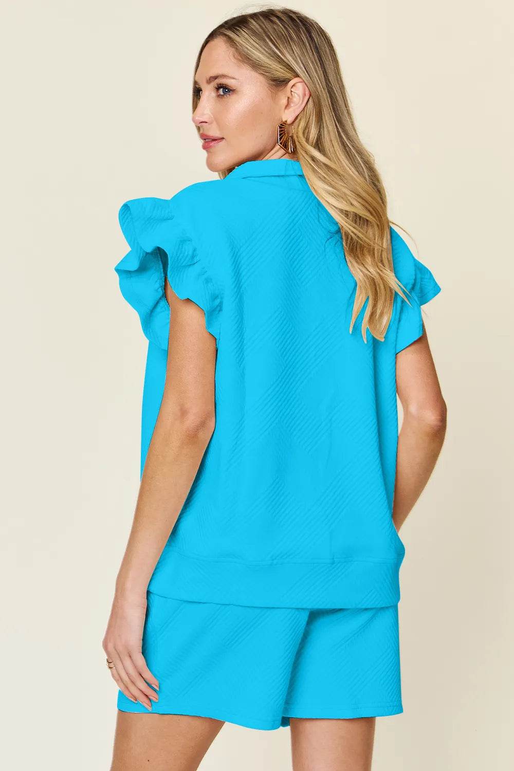 Double Take Full Size Texture Flounce Sleeve Top and Drawstring Shorts Set - Tredona LLC