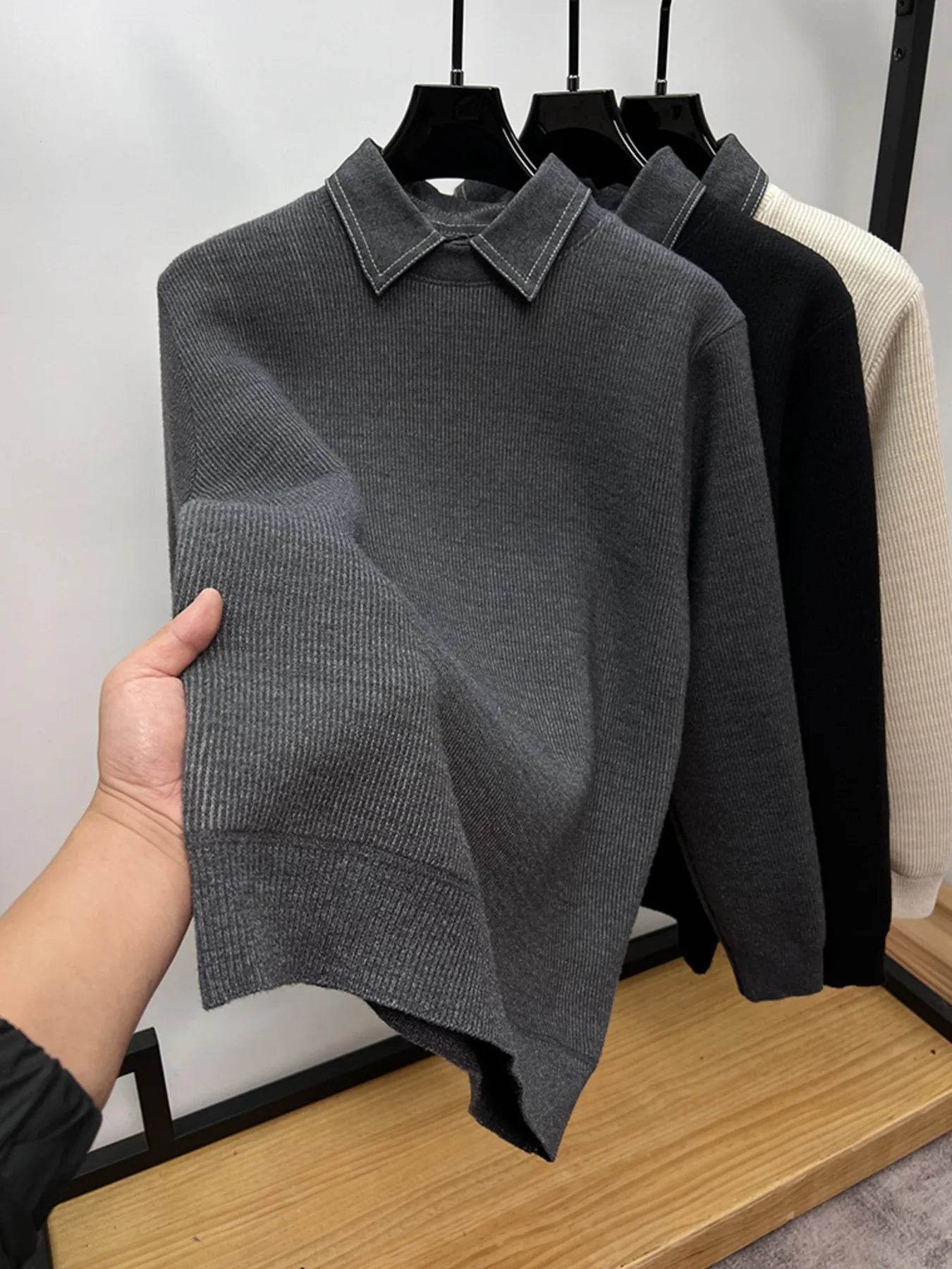 Men's Plus Size Ribbed Knit Collared Neck Sweater - Tredona LLC