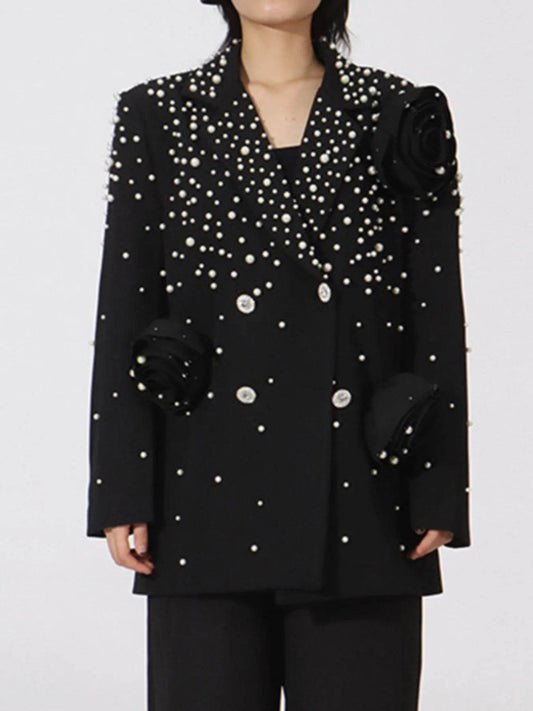 Pearl Embellished Double-Breasted Blazer - Tredona LLC