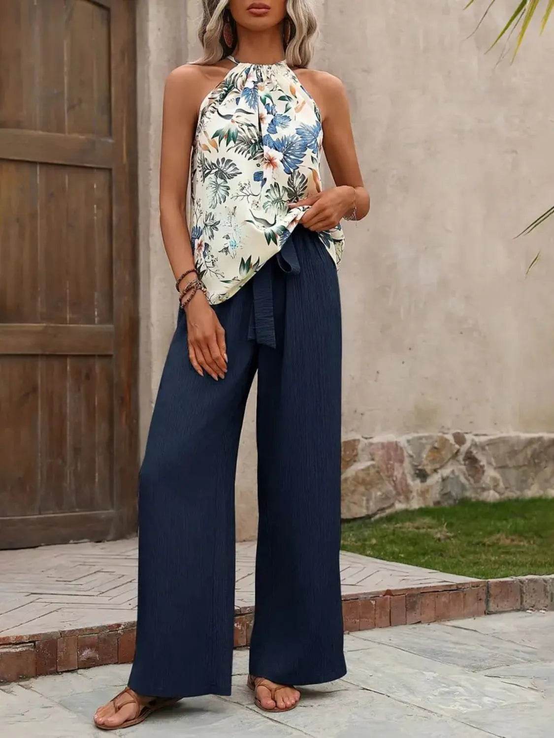 Printed Tank Top and Wide Leg Pants Set - Tredona LLC