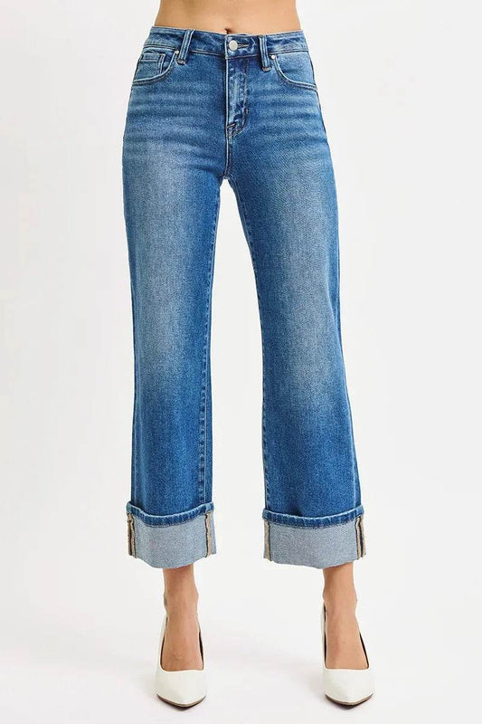 RISEN Full Size Mid Rise Crop Straight Cuffed Jeans Plus Size - Tredona LLC